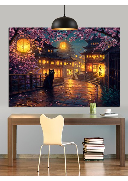 Kiraz Çiçeği Işıklı Sokak Gece Dekoratif Kanvas - Mdf Ahşap Tablo indirimleri