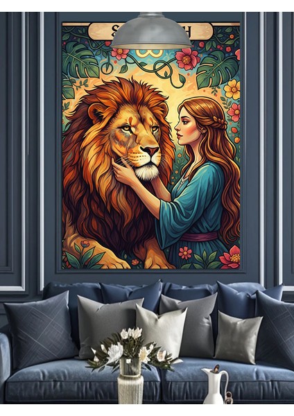 Güneşin Altında Yatan Aslan ve Kadın Dekoratif Kanvas - Mdf Ahşap Tablo