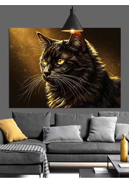 Sarı Gözlü Siyah Kedi Dekoratif Kanvas - Mdf Ahşap Tablo