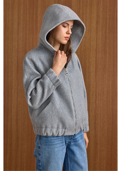 Kapüşonlu Beli Lastikli Oversize Kısa Kaban AÇIK GRİ 3162 indirimleri