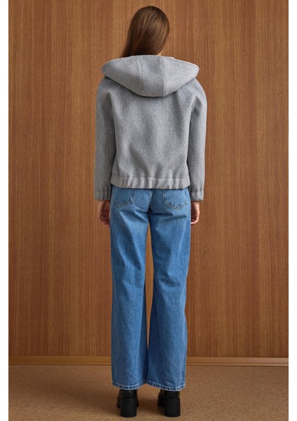 Kapüşonlu Beli Lastikli Oversize Kısa Kaban AÇIK GRİ 3162