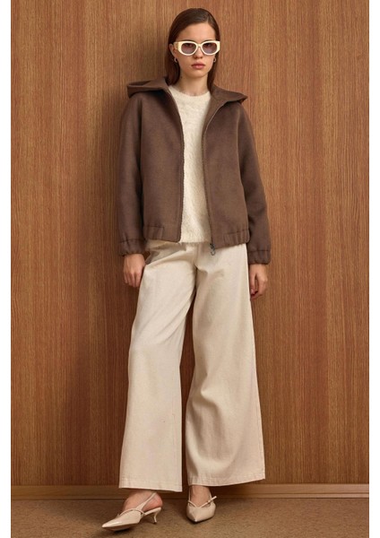 Kapüşonlu Beli Lastikli Oversize Kısa Kaban VİZON 3162