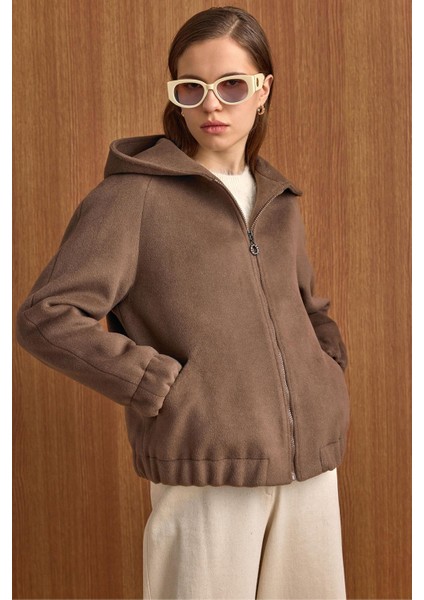 Kapüşonlu Beli Lastikli Oversize Kısa Kaban VİZON 3162 fiyatları