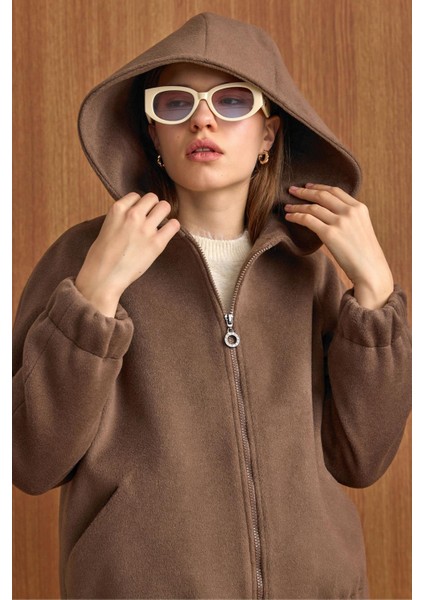 Kapüşonlu Beli Lastikli Oversize Kısa Kaban VİZON 3162