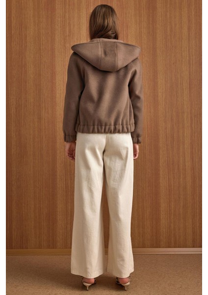 Kapüşonlu Beli Lastikli Oversize Kısa Kaban VİZON 3162