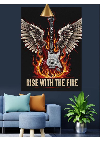 Kanatlı Gitar ve Ateş Dekoratif Kanvas - Mdf Ahşap Tablo