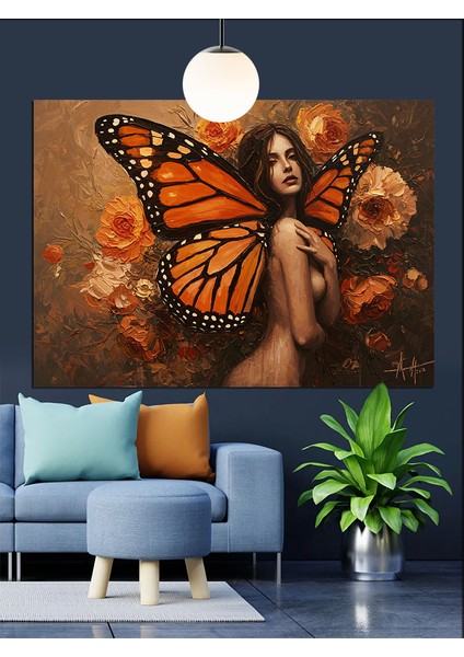 Kelebek Kadın ve Çiçekler Dekoratif Kanvas - Mdf Ahşap Tablo