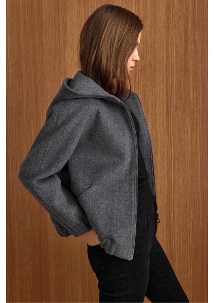 Kapüşonlu Beli Lastikli Oversize Kısa Kaban KOYU GRİ 3162