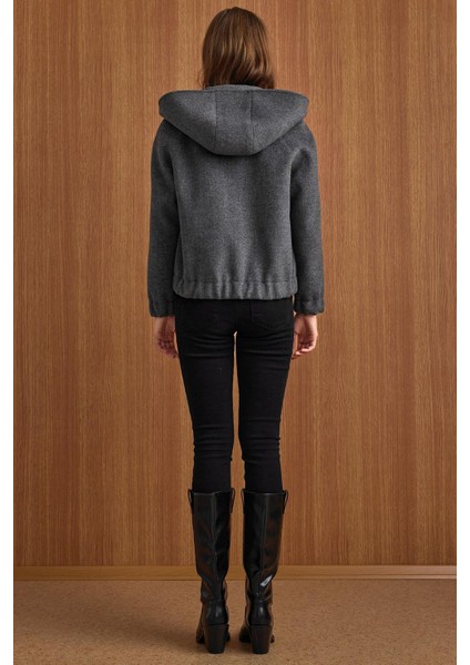 Kapüşonlu Beli Lastikli Oversize Kısa Kaban KOYU GRİ 3162