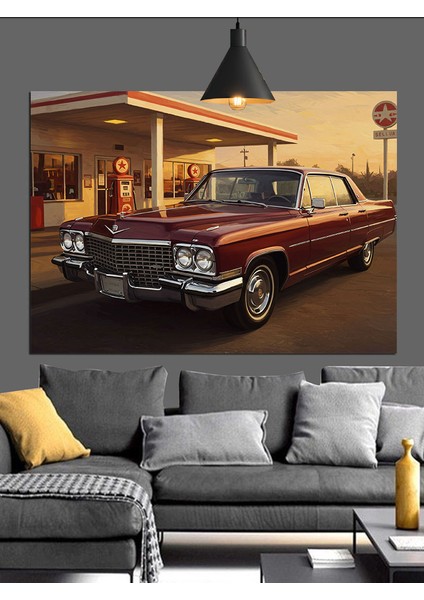 Klasik Amerikan Araba Sokak Manzarası Dekoratif Kanvas - Mdf Ahşap Tablo