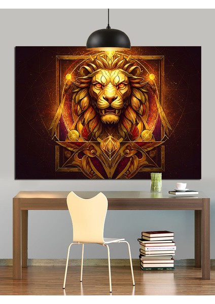 Alevli Yeleli Altın Aslan Dekoratif Kanvas - Mdf Ahşap Tablo