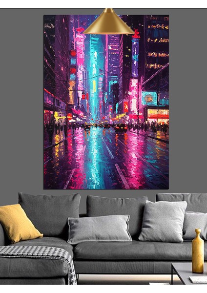 Neon Işıklar Altında Yağmurlu Şehir Dekoratif Kanvas - Mdf Ahşap Tablo