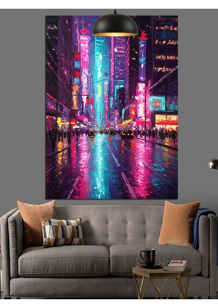 Neon Işıklar Altında Yağmurlu Şehir Dekoratif Kanvas - Mdf Ahşap Tablo modelleri