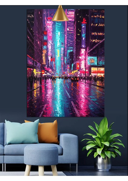 Neon Işıklar Altında Yağmurlu Şehir Dekoratif Kanvas - Mdf Ahşap Tablo fırsatları