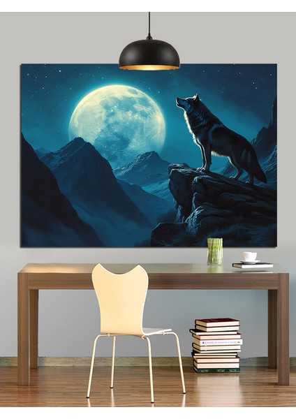 Karanlık Dağ Ay ve Kurt Dekoratif Kanvas - Mdf Ahşap Tablo