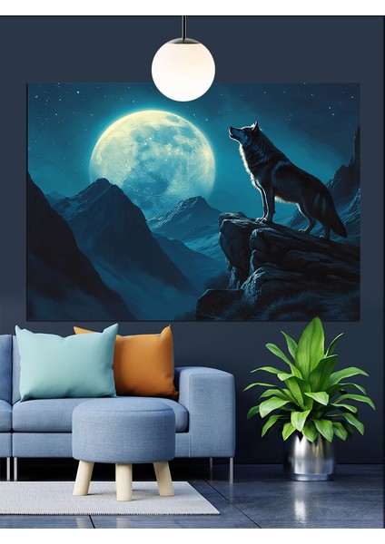 Karanlık Dağ Ay ve Kurt Dekoratif Kanvas - Mdf Ahşap Tablo fiyatları
