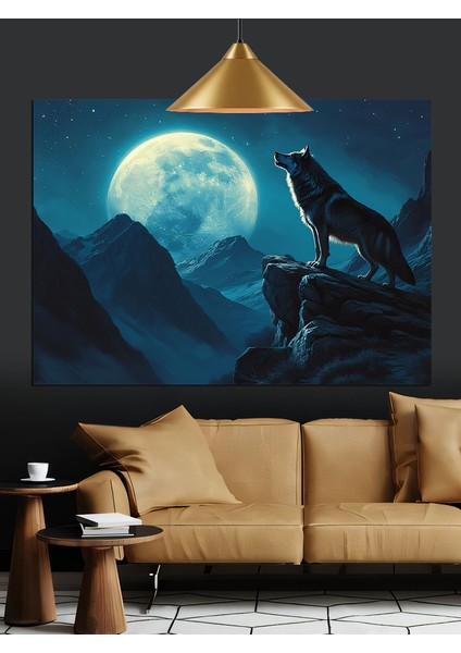 Karanlık Dağ Ay ve Kurt Dekoratif Kanvas - Mdf Ahşap Tablo modelleri