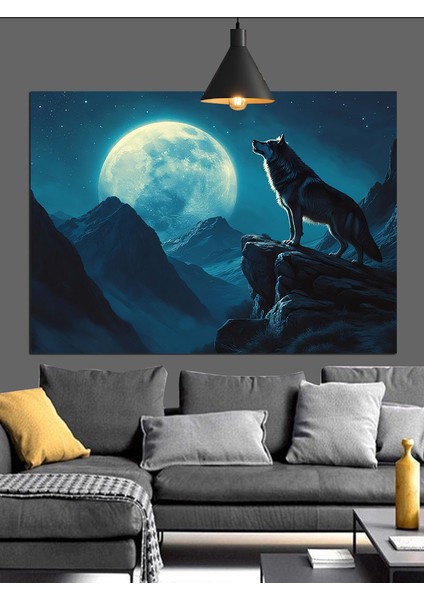 Karanlık Dağ Ay ve Kurt Dekoratif Kanvas - Mdf Ahşap Tablo fırsatları