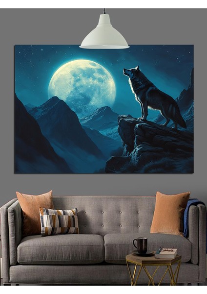 Karanlık Dağ Ay ve Kurt Dekoratif Kanvas - Mdf Ahşap Tablo indirimleri