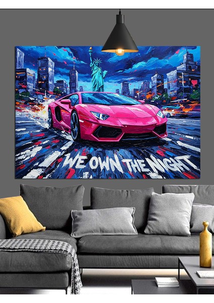 Neon Işıklı Pembe Spor Araba Dekoratif Kanvas - Mdf Ahşap Tablo fiyatları
