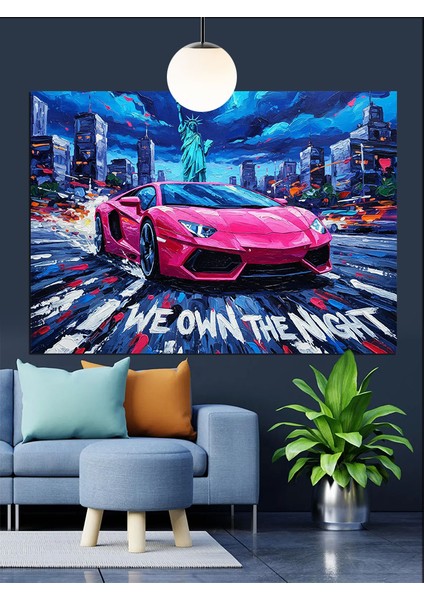 Neon Işıklı Pembe Spor Araba Dekoratif Kanvas - Mdf Ahşap Tablo indirimleri