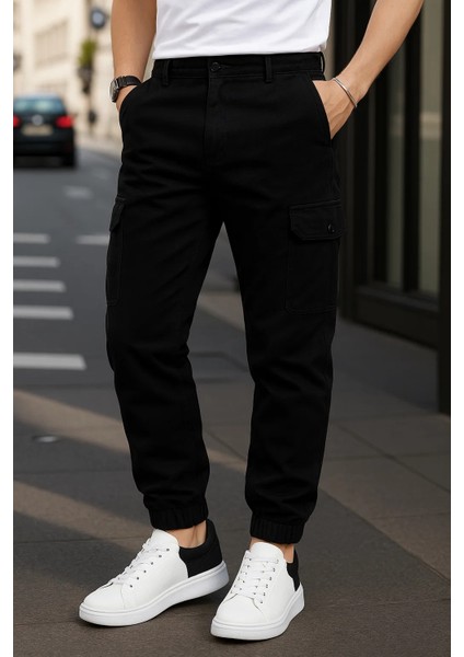 Erkek Lastikli Trend Yüksek Bel Siyah Kargo Pantolon