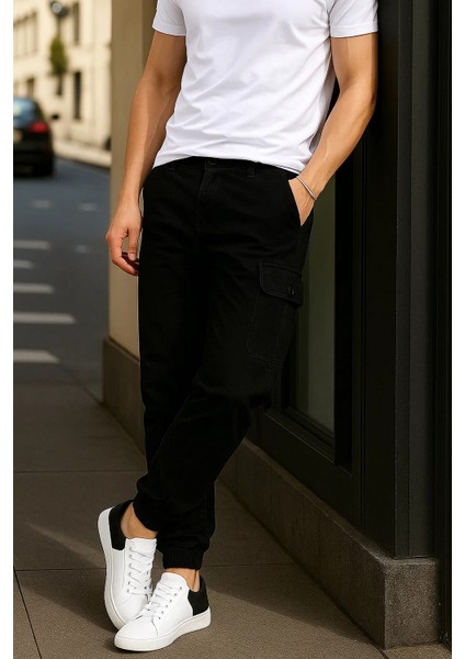 Erkek Lastikli Trend Yüksek Bel Siyah Kargo Pantolon fırsatları