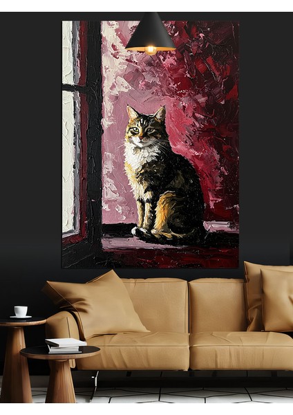 Pencere Kenarında Oturan Siyah Kedi Dekoratif Kanvas - Mdf Ahşap Tablo