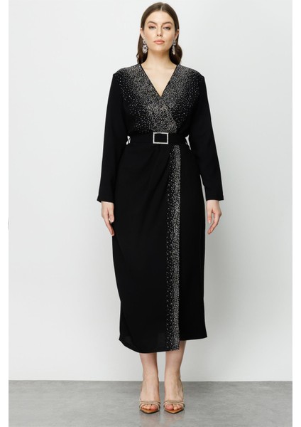 8010 Gilda Taş Detaylı Uzun Elbise