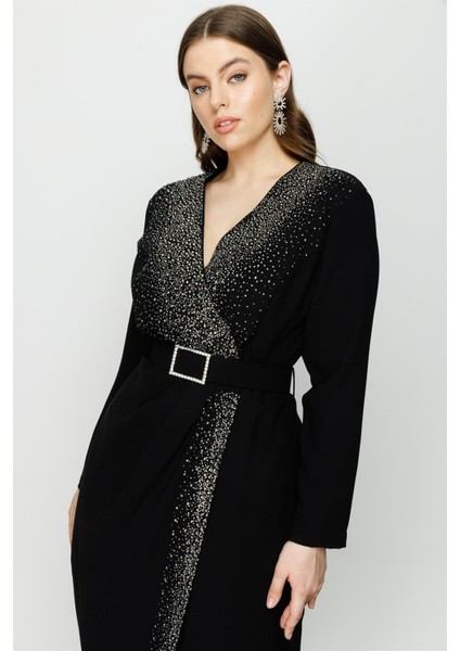 8010 Gilda Taş Detaylı Uzun Elbise modelleri