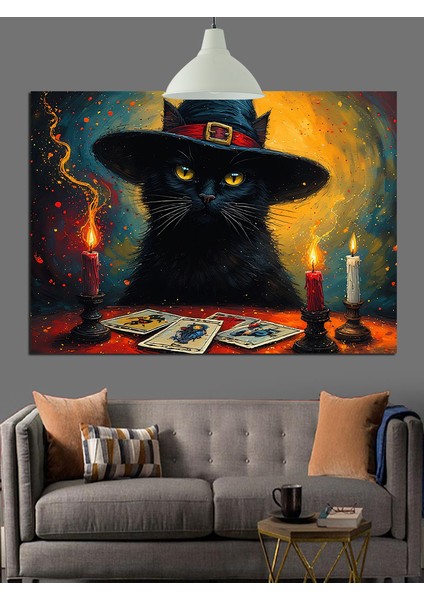 Cadı Şapkalı Siyah Kedi Mumlar Dekoratif Kanvas - Mdf Ahşap Tablo