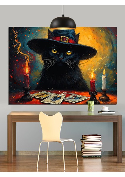 Cadı Şapkalı Siyah Kedi Mumlar Dekoratif Kanvas - Mdf Ahşap Tablo fiyatları