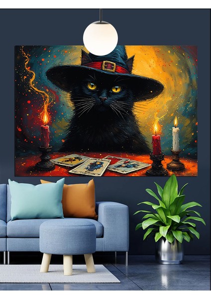 Cadı Şapkalı Siyah Kedi Mumlar Dekoratif Kanvas - Mdf Ahşap Tablo modelleri