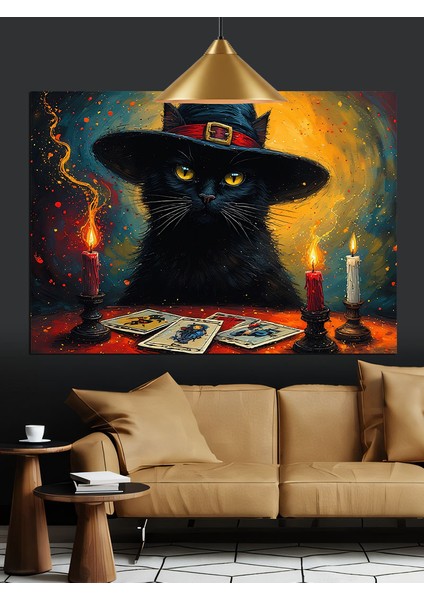 Cadı Şapkalı Siyah Kedi Mumlar Dekoratif Kanvas - Mdf Ahşap Tablo fırsatları