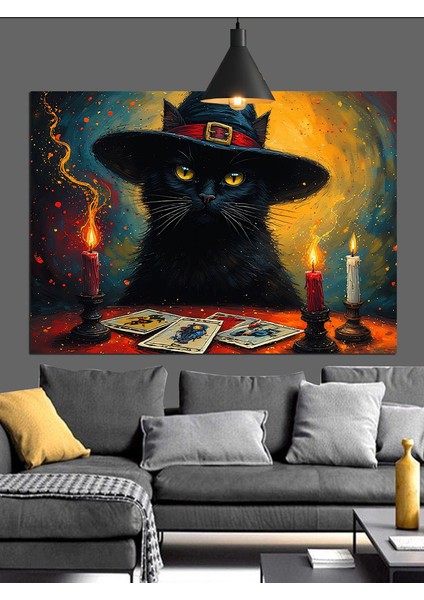 Cadı Şapkalı Siyah Kedi Mumlar Dekoratif Kanvas - Mdf Ahşap Tablo indirimleri