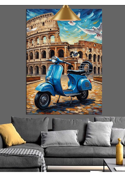 Roma'da Mavi Motosiklet Seyahat Dekoratif Kanvas - Mdf Ahşap Tablo