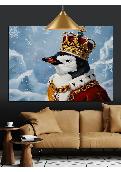 Kral Tacı Giyen Penguen Dekoratif Kanvas - Mdf Ahşap Tablo