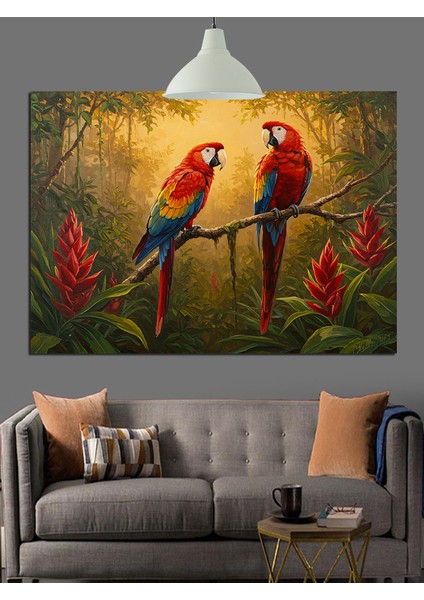 Kırmızı ve Mavi Iki Papağan Dekoratif Kanvas - Mdf Ahşap Tablo