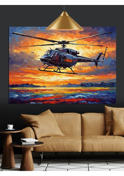 Kıyıdan Uçan Helikopter Dekoratif Kanvas - Mdf Ahşap Tablo