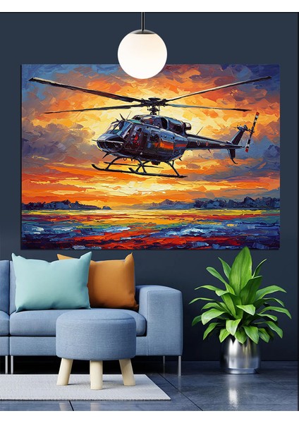 Kıyıdan Uçan Helikopter Dekoratif Kanvas - Mdf Ahşap Tablo indirimleri