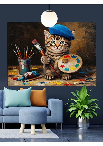 Ressam Kedi Palet Fırça Tutuyor Dekoratif Kanvas - Mdf Ahşap Tablo