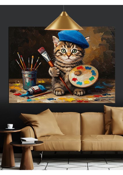 Ressam Kedi Palet Fırça Tutuyor Dekoratif Kanvas - Mdf Ahşap Tablo fiyatları