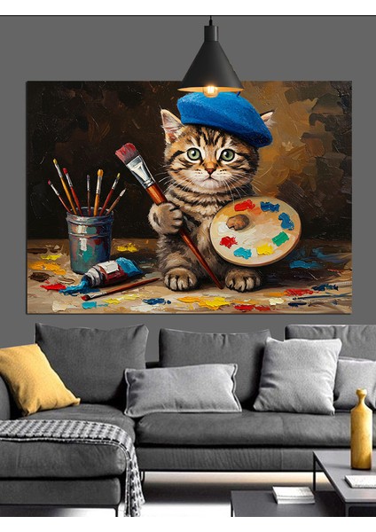 Ressam Kedi Palet Fırça Tutuyor Dekoratif Kanvas - Mdf Ahşap Tablo modelleri