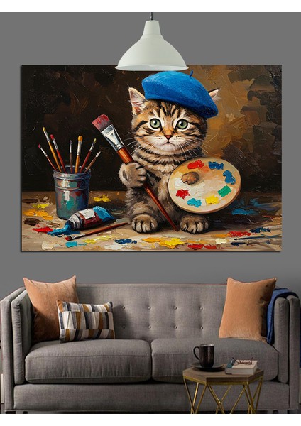 Ressam Kedi Palet Fırça Tutuyor Dekoratif Kanvas - Mdf Ahşap Tablo fırsatları
