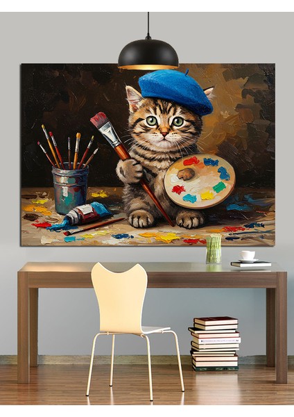 Ressam Kedi Palet Fırça Tutuyor Dekoratif Kanvas - Mdf Ahşap Tablo indirimleri
