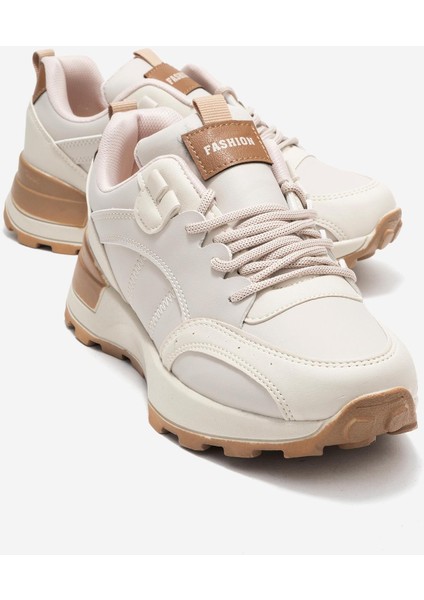 Bağcılklı Kadın Spor Ayakkabı Bej Taba
