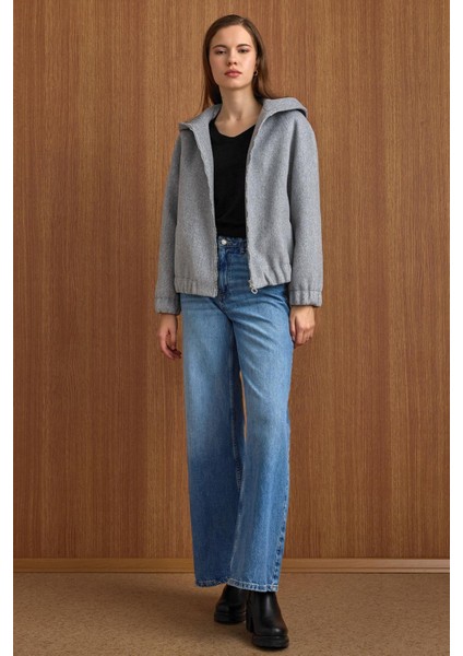 Kapüşonlu Beli Lastikli Oversize Kısa Kaban AÇIK GRİ 3162