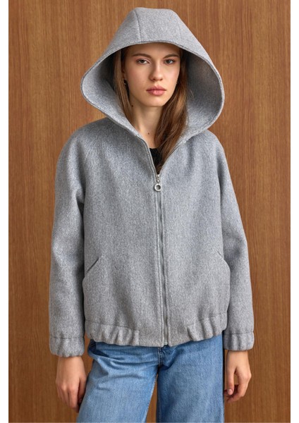 Kapüşonlu Beli Lastikli Oversize Kısa Kaban AÇIK GRİ 3162 modelleri