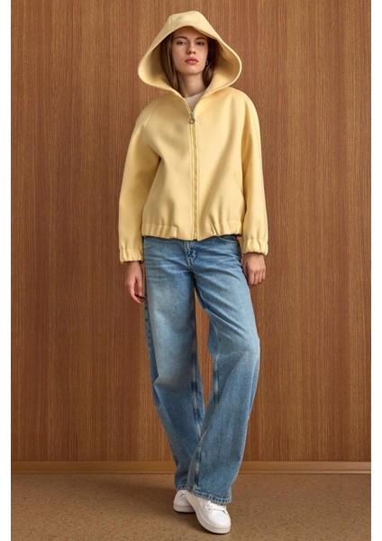 Kapüşonlu Beli Lastikli Oversize Kısa Kaban SARI 3162 modelleri