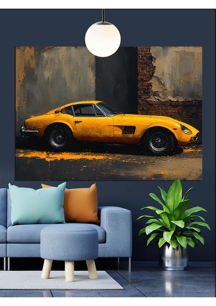 Klasik Sarı Yarış Spor Araba Dekoratif Kanvas - Mdf Ahşap Tablo